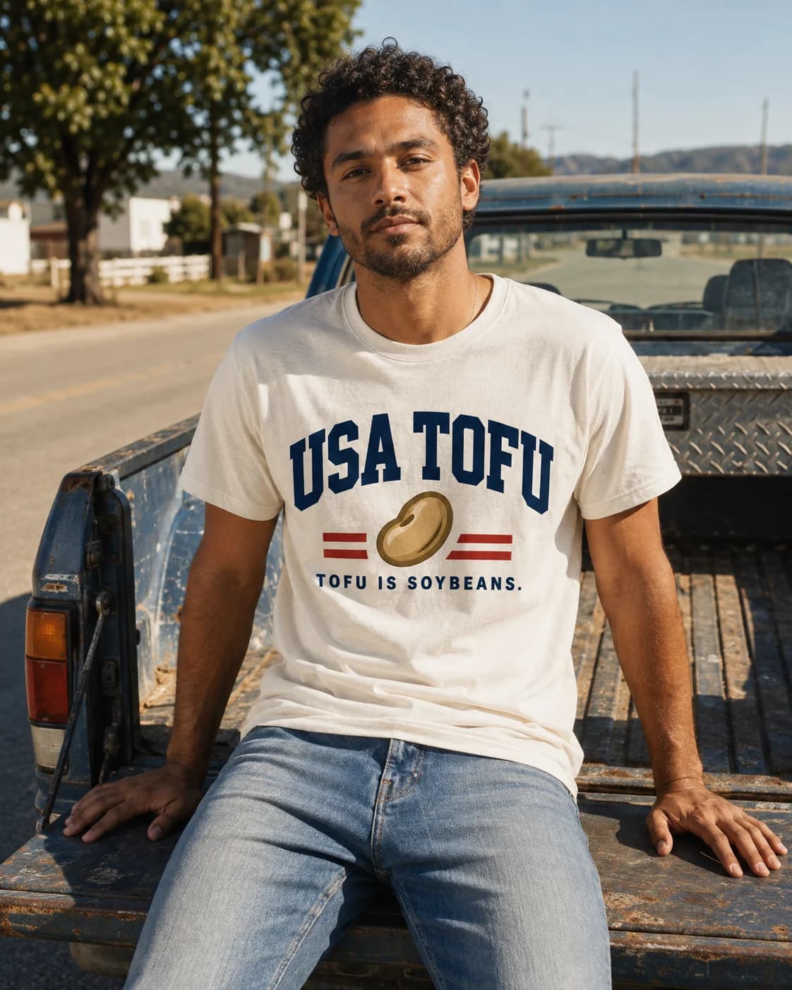 A man wearing the ivory USA TOFU College tee on a pickup tailgate