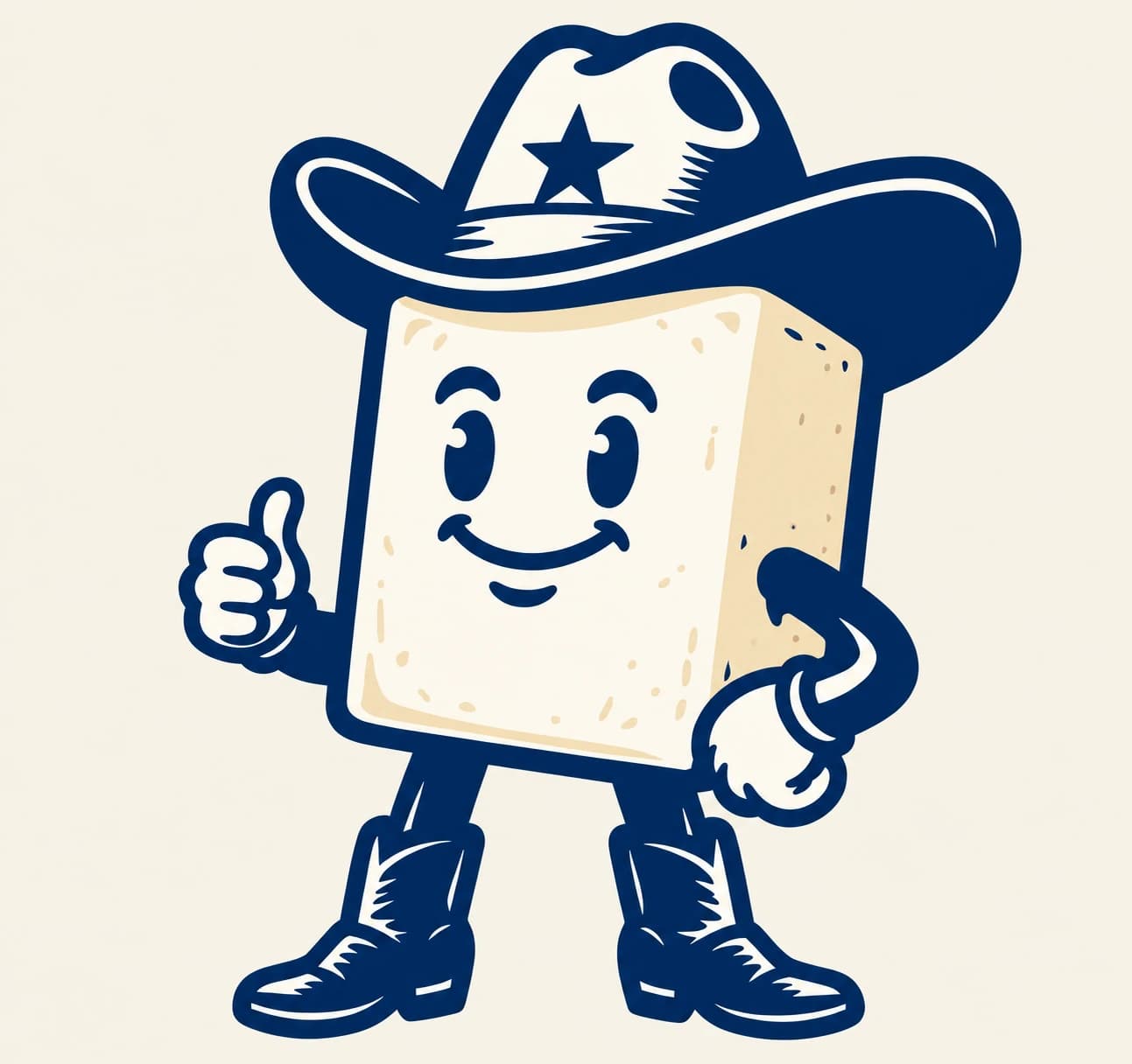 The existing Cowboy Tofu character in his navy cowboy hat and boots