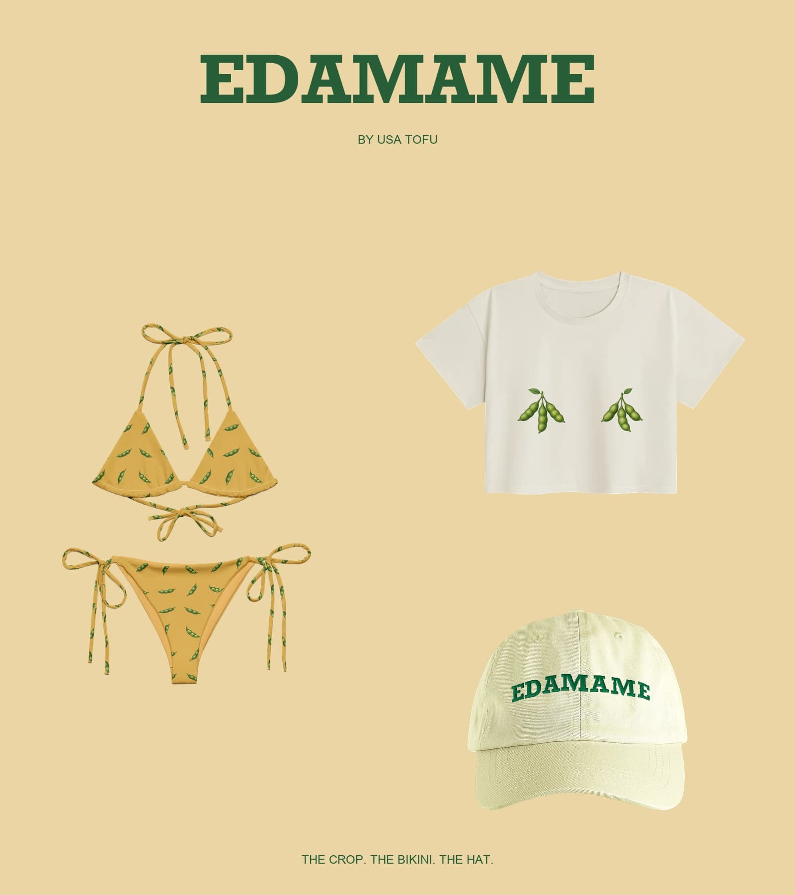 EDAMAME bikini, crop top and embroidered hat; supplier mockups