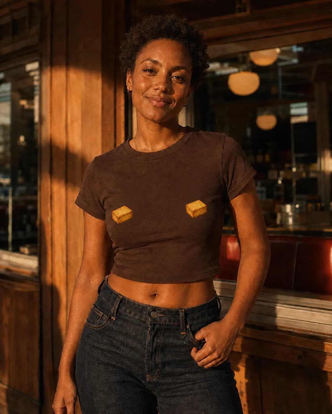 A woman wearing a brown crop tee with two golden tofu prints outside a diner