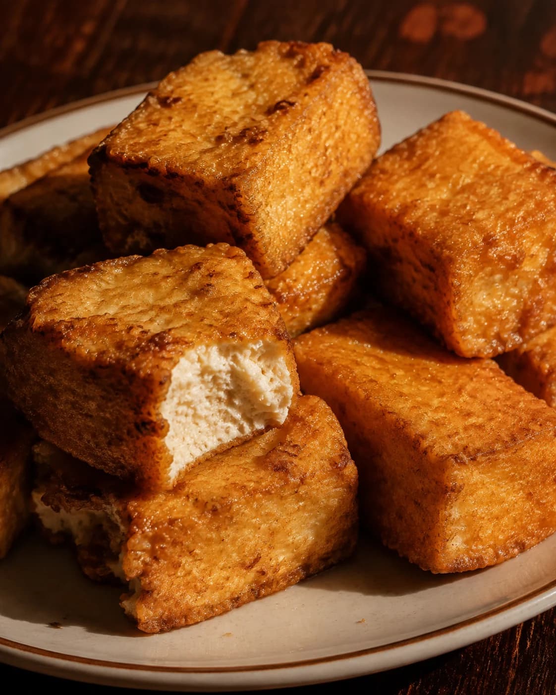Golden fried tofu with a crisp crust and white interior