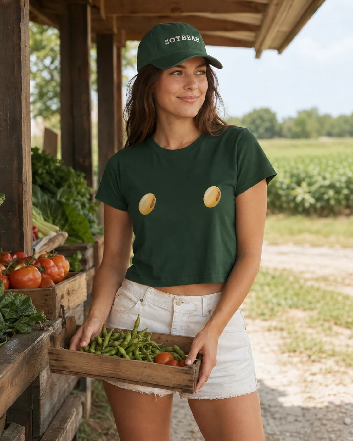 A woman wearing the green Double Soybean crop and SOYBEAN dad hat at a roadside farm stand